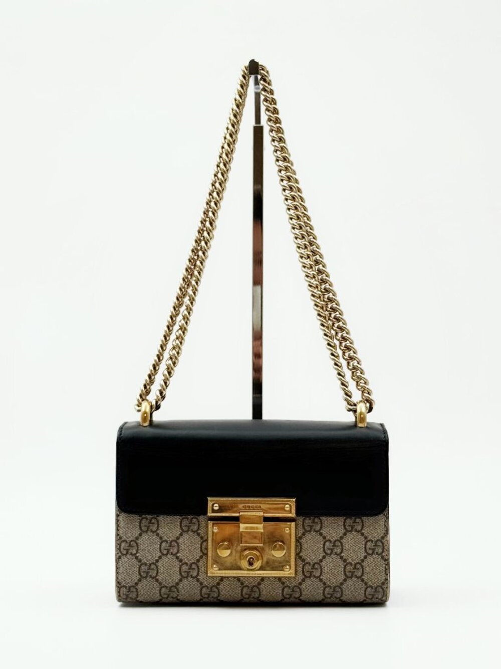 Gucci Padlock GG Supreme Canvas Chain Shoulder Bag Black Leather